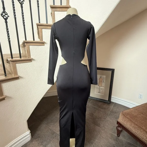 OH POLLY Black Cut Out Maxi Dress US 6 Sexy Bodycon Long Sleeve Evening Party - Picture 5 of 10